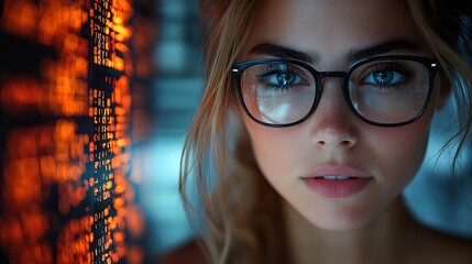  AI cyber security concept. Female IT Computer specialist analyzing artificial intelligence cyber threats to consumer data & privacy breach. Software developer using code & ethical hacking 