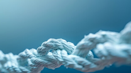 Close-up view of a braided rope with a blue background.