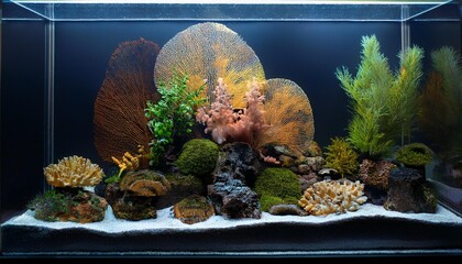 aquarium design with decorations corals and algae