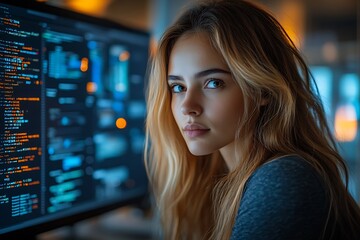  AI cyber security concept. Female IT Computer specialist analyzing artificial intelligence cyber threats to consumer data & privacy breach. Software developer using code & ethical hacking 