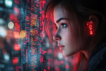  AI cyber security concept. Female IT Computer specialist analyzing artificial intelligence cyber threats to consumer data & privacy breach. Software developer using code & ethical hacking 