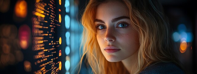  AI cyber security concept. Female IT Computer specialist analyzing artificial intelligence cyber threats to consumer data & privacy breach. Software developer using code & ethical hacking 
