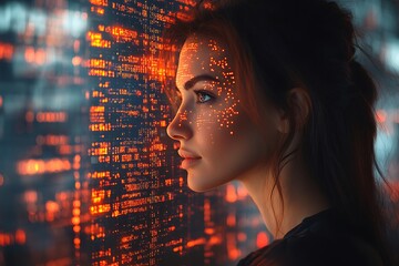  AI cyber security concept. Female IT Computer specialist analyzing artificial intelligence cyber threats to consumer data & privacy breach. Software developer using code & ethical hacking 