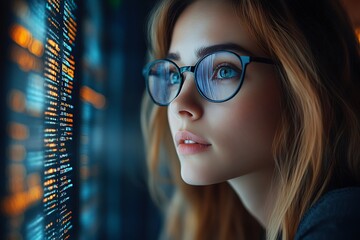  AI cyber security concept. Female IT Computer specialist analyzing artificial intelligence cyber threats to consumer data & privacy breach. Software developer using code & ethical hacking 
