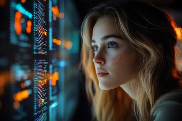  AI cyber security concept. Female IT Computer specialist analyzing artificial intelligence cyber threats to consumer data & privacy breach. Software developer using code & ethical hacking 