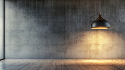 Wall Mural - Bare room with cement wall, wood floor, chic light.