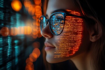  AI cyber security concept. Female IT Computer specialist analyzing artificial intelligence cyber threats to consumer data & privacy breach. Software developer using code & ethical hacking 