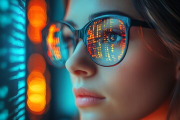  AI cyber security concept. Female IT Computer specialist analyzing artificial intelligence cyber threats to consumer data & privacy breach. Software developer using code & ethical hacking 