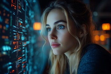  AI cyber security concept. Female IT Computer specialist analyzing artificial intelligence cyber threats to consumer data & privacy breach. Software developer using code & ethical hacking 
