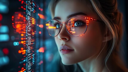  AI cyber security concept. Female IT Computer specialist analyzing artificial intelligence cyber threats to consumer data & privacy breach. Software developer using code & ethical hacking 