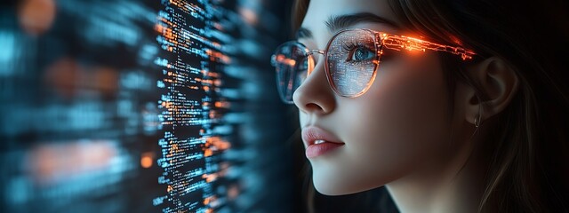  AI cyber security concept. Female IT Computer specialist analyzing artificial intelligence cyber threats to consumer data & privacy breach. Software developer using code & ethical hacking 