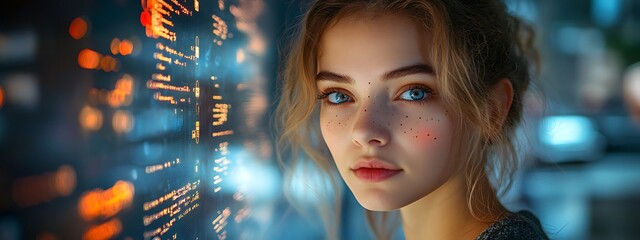  AI cyber security concept. Female IT Computer specialist analyzing artificial intelligence cyber threats to consumer data & privacy breach. Software developer using code & ethical hacking 