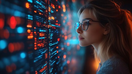  AI cyber security concept. Female IT Computer specialist analyzing artificial intelligence cyber threats to consumer data & privacy breach. Software developer using code & ethical hacking 