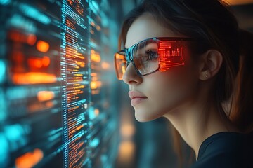  AI cyber security concept. Female IT Computer specialist analyzing artificial intelligence cyber threats to consumer data & privacy breach. Software developer using code & ethical hacking 