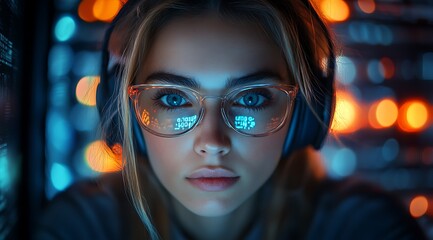  AI cyber security concept. Female IT Computer specialist analyzing artificial intelligence cyber threats to consumer data & privacy breach. Software developer using code & ethical hacking 