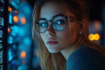  AI cyber security concept. Female IT Computer specialist analyzing artificial intelligence cyber threats to consumer data & privacy breach. Software developer using code & ethical hacking 