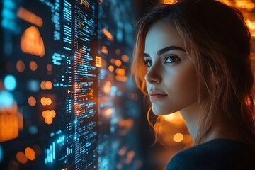  AI cyber security concept. Female IT Computer specialist analyzing artificial intelligence cyber threats to consumer data & privacy breach. Software developer using code & ethical hacking 