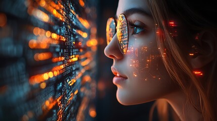  AI cyber security concept. Female IT Computer specialist analyzing artificial intelligence cyber threats to consumer data & privacy breach. Software developer using code & ethical hacking 