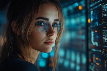  AI cyber security concept. Female IT Computer specialist analyzing artificial intelligence cyber threats to consumer data & privacy breach. Software developer using code & ethical hacking 