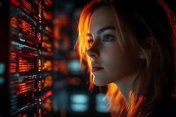  AI cyber security concept. Female IT Computer specialist analyzing artificial intelligence cyber threats to consumer data & privacy breach. Software developer using code & ethical hacking 