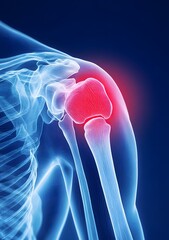 Detailed X-ray illustration of a human shoulder joint with pain highlighted in red, demonstrating medical conditions or injury.