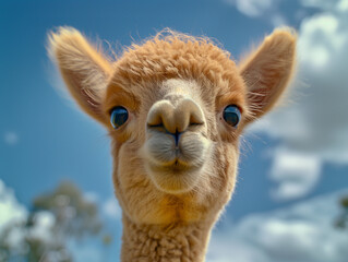 Cute and cheerful orange baby alpaca looking at camera on a backround with blue sky and white clouds