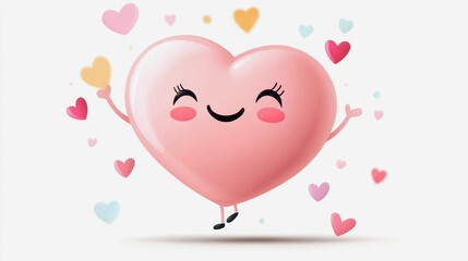 Wall Mural - cute illustration of a pink happy heart with a face, lots of small hearts around it