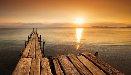 a tranquil scene of a broken wooden jetty stretching out into the golden sea