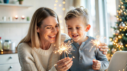 Wall Mural - happy mother and son with sparklers at christmas party at home