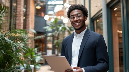 Young professional in a smart suit holds a tablet and smiles warmly in a modern indoor space with greenery and open architecture