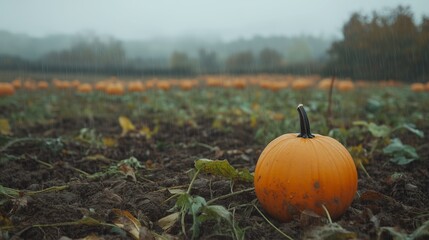 a single vibrant pumpkin sits in a foggy pumpkin patch surrounded by fading autumn foliage in the ea