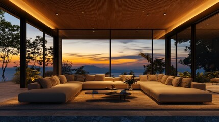 Wall Mural - Luxury interior with panoramic windows and sunset view, modern large sofa with armchairs, carpet, stone floor and wooden ceiling. Design open living room with night lighting. 3d render illustration