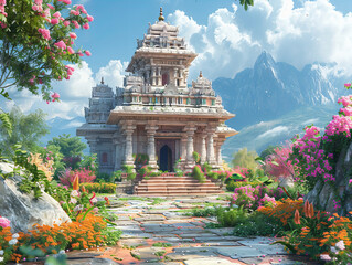 Intricate stone temple amidst vibrant flowers and lush green vegetation, mountainous backdrop, clear blue sky, creating a sacred and picturesque ambiance.