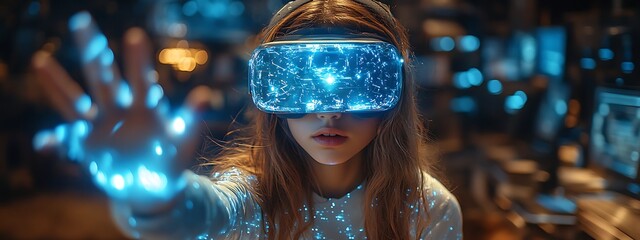  School student with VR headset using AI artificial intelligence technology & machine learning. Interactive technology in classroom. Innovation & smart tech. AI blue hologram in education 