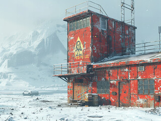 Weathered Red Station with Faded Murals Amidst Snowy Mountain Landscape Reflects Resolute Nostalgia