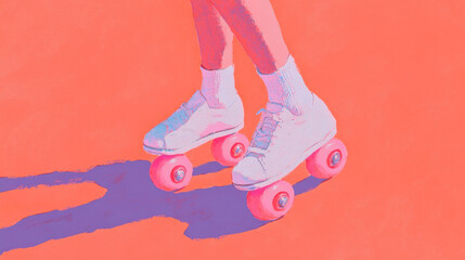 A vibrant illustration of a person on pink roller skates, showcasing dynamic movement against a bright orange backdrop.