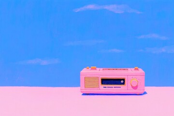 A vibrant pink radio sits against a bright blue sky, evoking a sense of nostalgia and retro style in a modern setting.