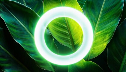 Wall Mural - beautiful and fresh green leaves with circle neon light