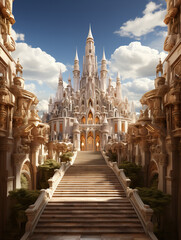 Magnificent Fairy-Tale Castle with Jagged Spires and Golden Details under a Clear Blue Sky Radiating Elegance and Festivity