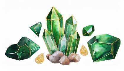 watercolor a group of different types of green crystals and rocks with gold accents clipart isolated on transparent background