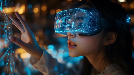  School student with VR headset using AI artificial intelligence technology & machine learning. Interactive technology in classroom. Innovation & smart tech. AI blue hologram in education 