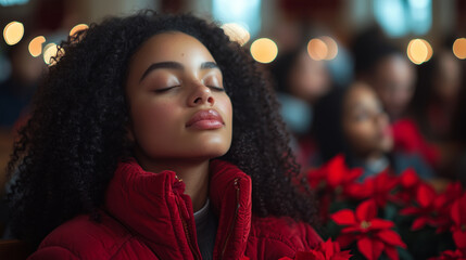 Young African American woman meditating in church during Christmas, surrounded by warm candlelight and poinsettias