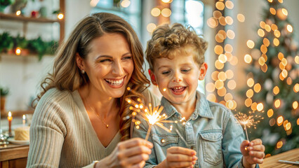 Wall Mural - Happy mother and son with sparklers at home. Christmas family concept.