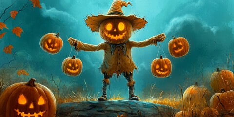 Wall Mural - A whimsical scarecrow standing proudly among glowing pumpkins during a misty Halloween dusk