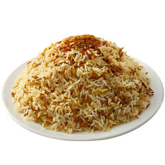 Close-up of a delicious plate of fluffy basmati rice garnished with a blend of spices, served on a white dish