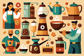 Wall Mural - A set of ten illustrations displaying various coffee brewing methods and related utensils, capturing diverse styles and traditions of coffee preparation.
