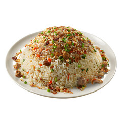 Wall Mural - Beautifully plated serving of fried rice topped with green onions and crispy garlic, presented on a white plate