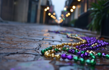 Wall Mural - Gold, green and purple Mardi Gras beads lying on the ground after Mardi Gras 