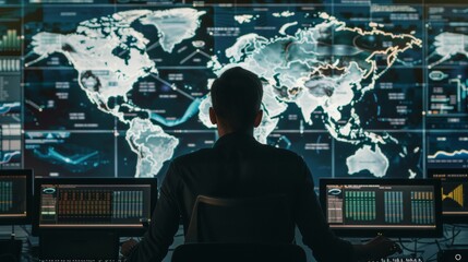 Man in front of his computer with the world map in the background on a BIG screen. HACKERS CONCEPT, CYBERSECURITY