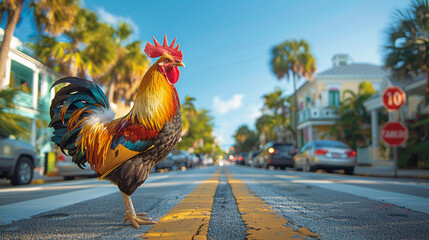 Vibrant rooster crossing a Key West street in tropical Florida setting